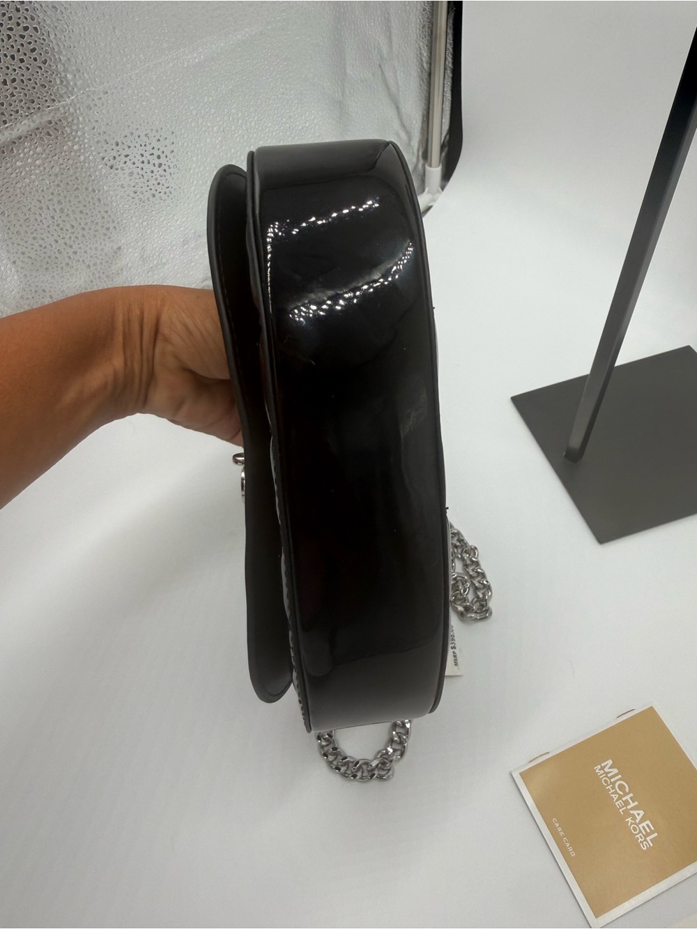 Michael Kors Black Patent Quilted Crossbody Bag with Silver Chain NWT - Picture 9 of 15